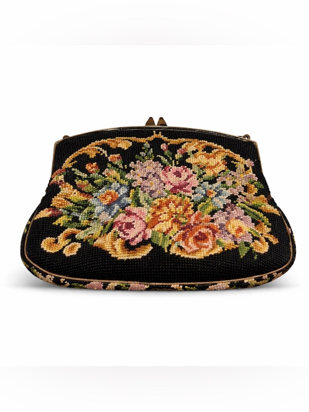 Vintage Floral Needlepoint Clutch Black Tapestry Kiss Lock Frame Purse Bag